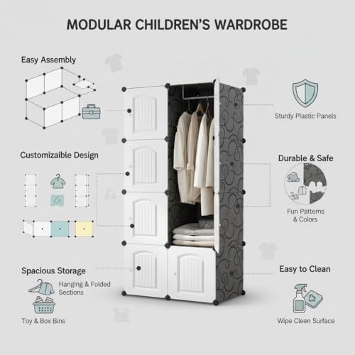 Image of EXVITO Collapsible Wardrobe Storage Cabinet | 8 Door Plastic Modular Clothes Organizer for Kids | Foldable Wardrobe Storage Rack with Hanging Space | Multi-Purpose Kids Closet Organizer - White