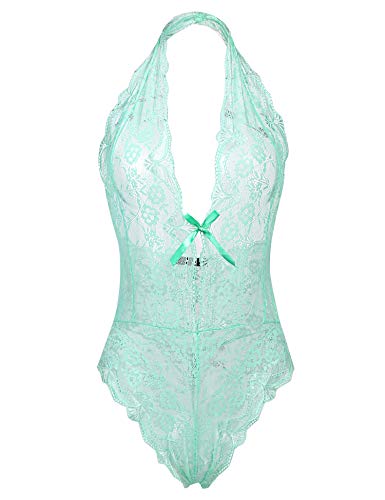 ADOME Green Lingerie Lace Halter Teddy V Neck Bodysuit One Piece Babydoll