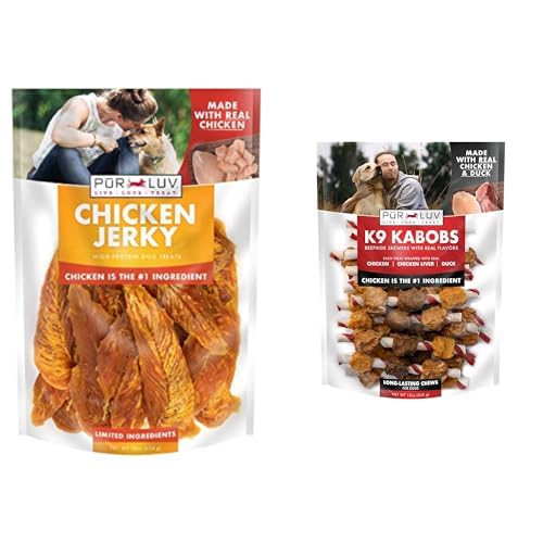 Pur LuvJerky and Kabob Bundle, Dog Jerky Treats, 16oz + Chicken and Duck K9 Kabob Treats, 12oz, Easily Digestible, Long-Lasting, High Protein Dog Treats, Satisfies Dog's Urge to Chew