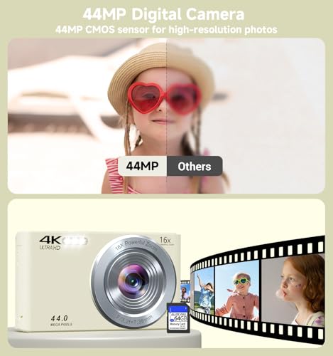 Image of Digital Camera,Upgraded FHD 4K Digital Camera for Teens Girls Boys,Compact Digital Cameras with 64GB Memory Card,2 Batteries,Small Camera with 16X Autofocus Digital Zoom for Vlogging,Cream