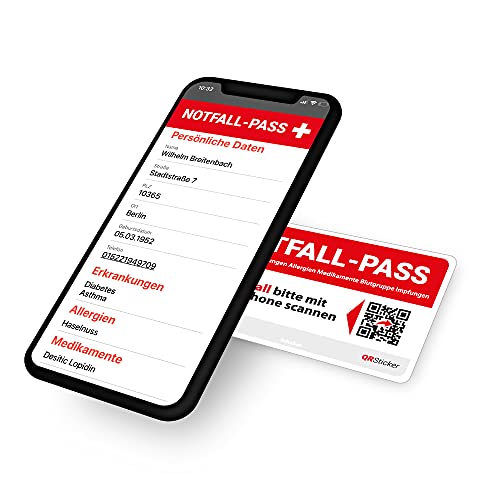 QRSticker - Digitaler Notfallpass für wichtige Gesundheitsdaten im Notfall. Blutgruppe, Medikamente & mehr auf einen Blick. App-gesteuert, Datenlöschung per App. Für Erwachsene & Jugendliche.