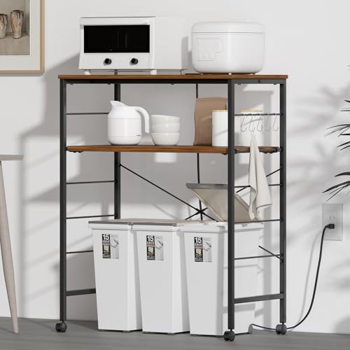 MoonMeguri キッチンツールラック レンジボード 幅80奥行40高さ100cm 2口コンセント・フック・キャスター付き 7色展開 エポキシ塗装×メラミン合板 横揺れを抑えるクロスバー付き ゴミ箱上+サイド小物整理 多目的キッチン棚 (ヴィンテージ,