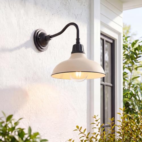 Image of JONATHAN Y 12.25 inch Matte Almond /Black 1-Light Farmhouse Industrial Outdoor Sconce, LED Gooseneck Wall Light for Porch, Metal Bowl Shade, Dimmable Vintage Exterior Fixture, LED Bulb Included (JYL7613M)