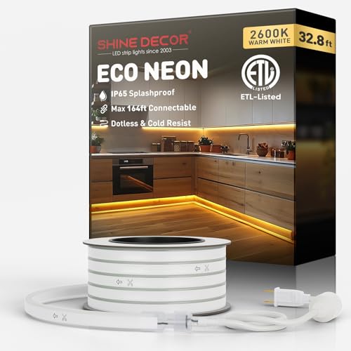 Shine Decor LED Rope Lights AC 120V, Connectable & Cuttable Dotless 120LEDs/M Eco Neon Strip Lighting, ETL IP65 Waterproof & Weather-Resistant for Home Commercial, 8x16mm, 2600K Warm White, 32.8FT