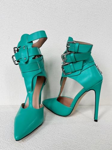 Frankie Hsu Handmade Stiletto High Heeled Pumps, Turquoise Teal Green Silver Buckle Rivet Ankle Strap Big Large Size US5-14 Shoes for Women Men4