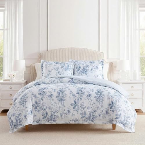 Image of Martha Stewart - King Comforter Set, 100% Silky Smooth Cotton Sateen Floral Bedding for Year Round Comfort, 3 Piece Bed Set with Matching Pillowcases (Songbird Blue)