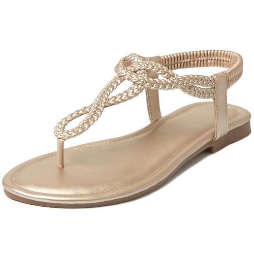Image of iCKER Womens Braided T‑Strap Flat Sandals Elastic Stretch Ankle Strap | Boho cute casual lightweight and comfort matches dresses for beach vacation