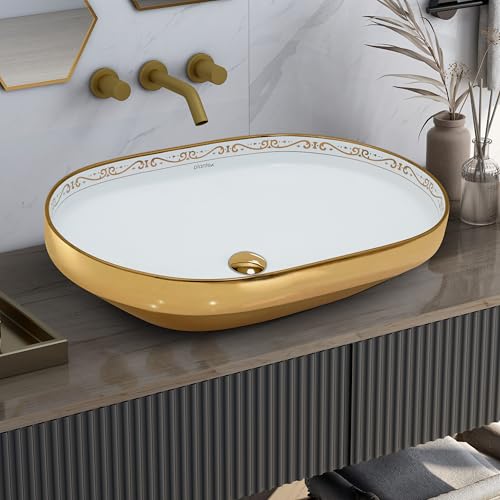 Image of Plantex Ceramic Wash Basin /Designer Hand Wash Sink for Bathroom /Oval Tabletop Washbasin /Countertop Vessel Sink for Home /Office (24x16x5 inch - Gold & White)