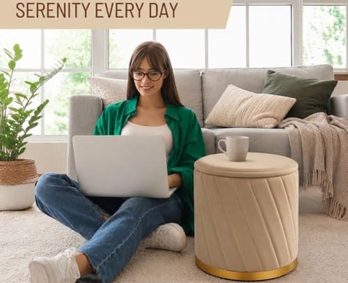 Image of Luxury Velvet Ottoman Stool for Living Room & Bedroom | Premium Round Pouffe with Gold Metal Base | Modern Footrest, Extra Seating & Home Decor (Cream)