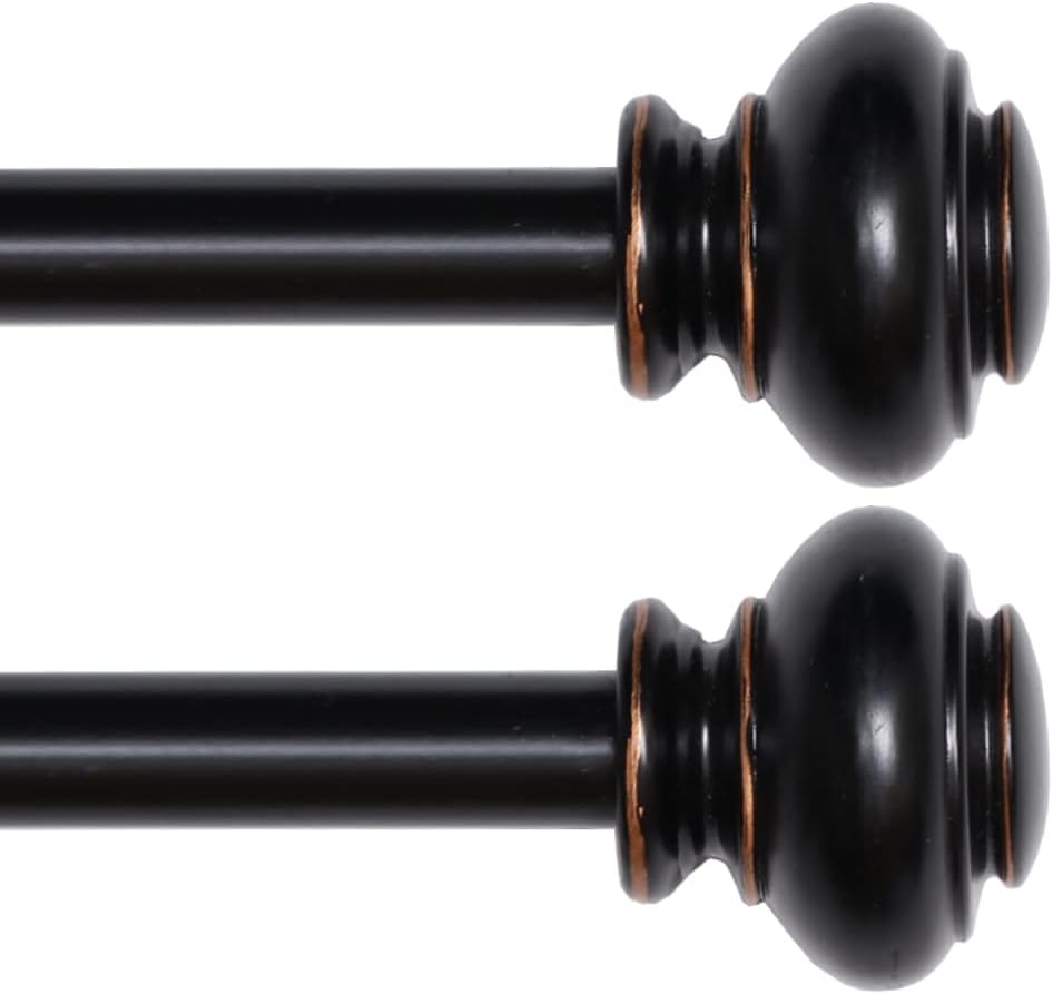 Turquoize Black Curtain Rods 2 Pack for Windows 28 to 48 Inch 3/4 Inch Adjustable Single Rod Set With Decorative Finial, Antique Bronze Finishing
