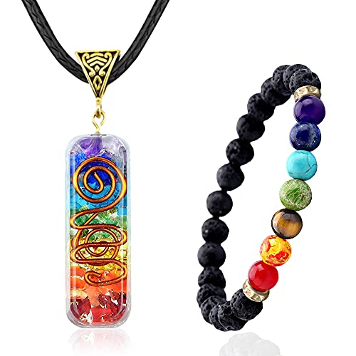 7 Chakra Necklace and Bracelet Set for women & men Orgone Healing Pendant with Adjustable Cord – Chakra Necklace and bracelet jewelry set for spiritual healing | Healing Crystal Mothers Day Gift