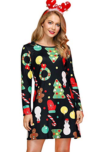 For G and PL Women Christmas Long Sleeve Party Printed Casual Swing Tunic Mini Dress Tree L