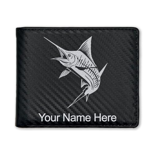 LaserGram Faux Leather Bi-Fold Wallet, Marlin Fish, Personalized Engraving Included (Carbon Fiber Black with Silver)