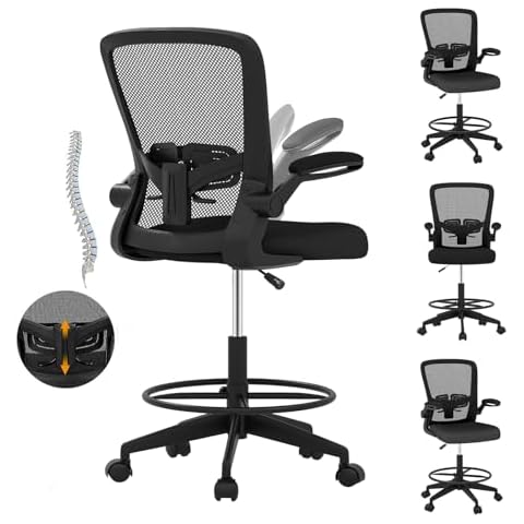 POWERSTONE Drafting Chair - Ergonomic Tall Office Chair for Standing Desk with 3IN Wide Cushion, Flip-up Arm, Adjustable Back Support & Footrest Workbench Rolling Stool Computer Chairs (Black 1 pcs) Cover