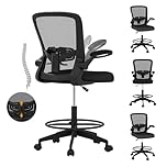 POWERSTONE Drafting Chair, Ergonomic Tall Office Chair Stool Standing Desk Chair with High Back and Flip-up Armrests Adjustable Rolling Workbench Stool with Footrest (1, Black)
