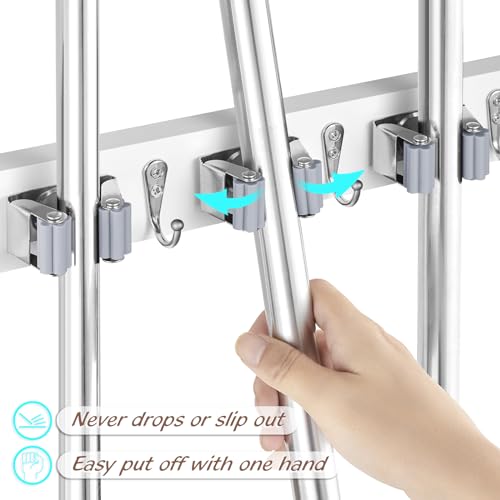 image for OUTNILI White Mop Broom Holder Wall Mount with 4 Slots & 4 Hooks - Woo