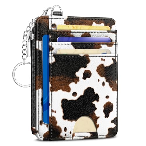 Image of Kelvoris Cow Print Slim Wallet Women Credit Card Holder Small RFID Keychain | Cute, Zipper Coin Pocket, PU Leather Front Pocket, Thin Card Case for Travel, Compact, 6 Card Slot, ID Window, Gift for Woman