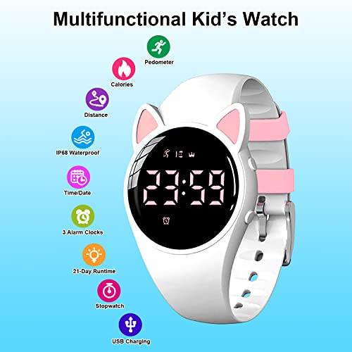 HUYVMAY Kinder Schrittzähler Fitness Uhr ohne App kein Handy, IP68 wasserdichte Süße Armbanduhr für Jungen Mädchen Kinder Sportuhr mit Schrittzähler Kalorienzähler Distanzzähler Timer 3 Wecker