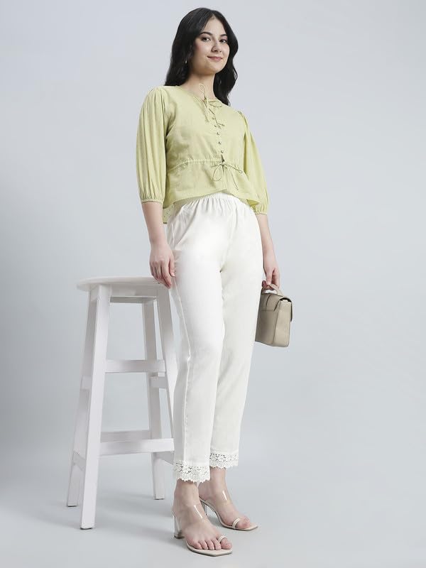 Image of GO COLORS Soft Cotton Lace Pencil Pant Full Length for Women| Mid-Rise, Breathable