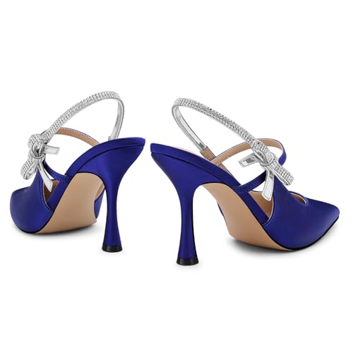 Women Kitten Heel Pumps: Pointed Toe Slingback High Heels - Blue Sparkly Bow Sexy Pump - Prom Shoes Night Party Size 6.53