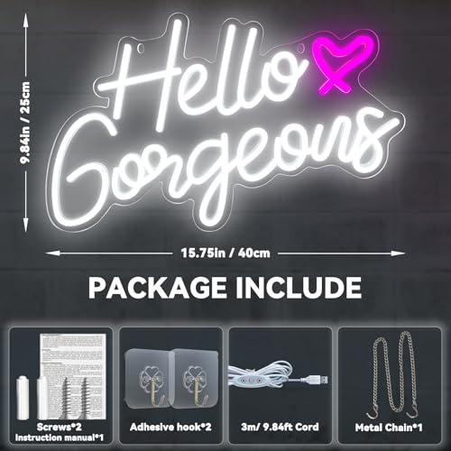Image of Hello Gorgeous Neon Signs Hello Beautiful LED Neon Lights Dimmable LED Light Sign for Home Wedding Birthday Backdrop Bacelorette Party Decoration, White
