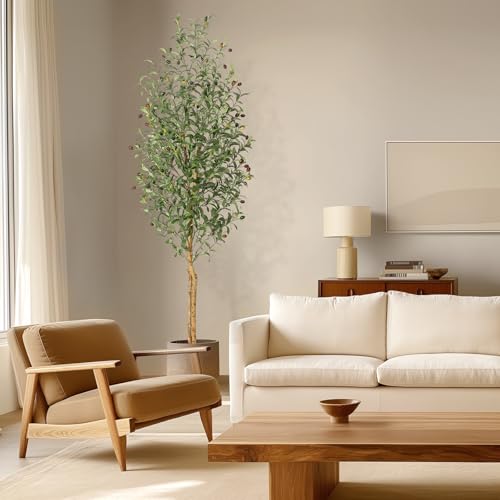 GarveeHome Faux Olive Tree 7ft,Tall Artificial Tree Indoor with 2 Natural Wood Trunks, Fake Plants Potted in White Planter, Floor Plants for Living Room House Decor,1PCS