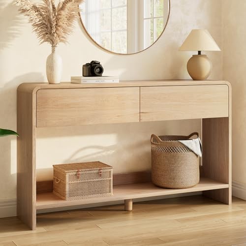 Image of AMERLIFE 55 inch Modern Console Table with 2 Storage Drawers & Open Shelf | Open Bottom Shelf, Wood Grain Finish, Rounded Edges, Long Sofa Table, Behind Couch, Hallway, Foyer, Living Room, Natural Oak