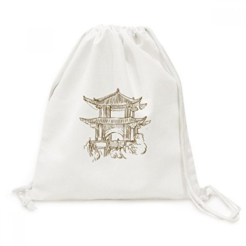 Sac cordon en toile et bois avec croquis de monument chinois de marque DIYthinker pour voyage