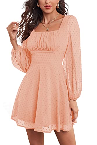 Image of LYANER Women's Polka Dots Square Neck A line Long Sleeve Swiss Dots Mini Dress