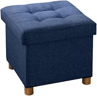 BRIAN & DANY Folding Storage Ottoman with Wood Legs, Linen Foot Stool, Storage Chest with Highly Elastic Sponge Filling, Navy Blue, 38 x 38 x 38 cm