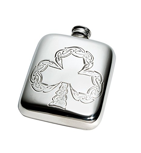Wentworth Pewter- Shamrock Feather Pewter Cushion Pocket Flask, Spirit Flask