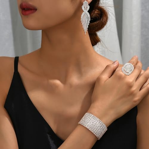 Sllaiss Rhinestone Bridal Jewelry Set for Women Sparkling Rhinestone Stretch Bracelet Ring Dangle Tassel Earrings Set Costume Jewelry3