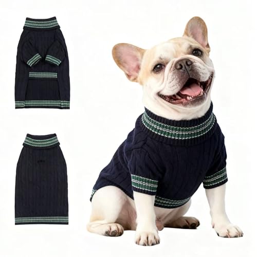 Image of Small /Medium Dog Sweater, Warm Dog Winter Coat w /Sleeves, Comfortable High Neck & Leash Hole, Premium Dog Clothes for Bulldog-Best for Holidays, Daily Walks L Blue