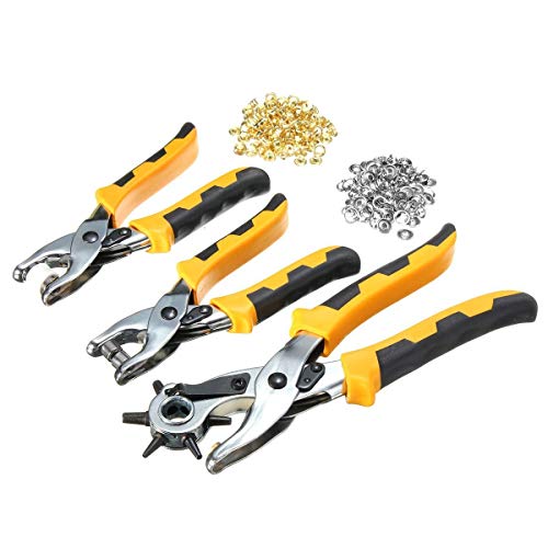 Revolving Leather Belt Hole Punch Plier, Eyelet And Snap Setting Pliers Hand Puncher Tool Kit Great For Crafts, Diy, Belts, Dog Collars, Watch Bands, Paper, Includes 100 Eyelet And 100 Press Studs #TOP7