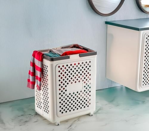Image of Large Foldable Laundry Basket with Wheels, Collapsible Plastic Laundry Hamper with Handles - Ventilated Rolling Clothes Storage Basket, Space Saving Laundry Organizer for Bedroom, Bathroom and Dorm
