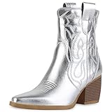  VAN HILL Damen Stiefeletten Cowboy Boots Trichterabsatz Schuhe Stickereien Western Booties Holzoptikabsatz Schuhe 211596 Silber 37