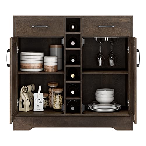 Hostack Wine Bar Cabinet For Liquor And Glasses, Coffee Bar Cabinet With Drawers And 6-Bottle Wine Rack, Buffet Sideboard Cupboard For Dining Room, Living Room, Dark Brown #TOP4