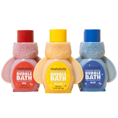 Honeysticks Burbujas de Bañera para Niños – Espuma de Baño a Base de Plantas – Bubble Bath que Cambia el Color del Agua y Crea Mucha Espuma – No Tóxica, No Irritante - 3 Uds - Azul, Amarillo, Rojo