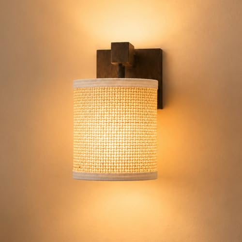 Image of Amazon Basics Rattan Dark Weave Wall Lamp | Natural Rattan Shade with Mango Wood Bracket | E14 Holder | Decorative Wall Light for Bedroom, Living Room & Home Decor