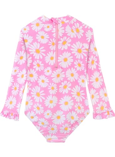 Image of Alakuoti Long Sleeve One Piece Ruffle Swimsuit for Toddler Girls Baby Girl Rashguard Shirt with UPF 50+ Sun Protection