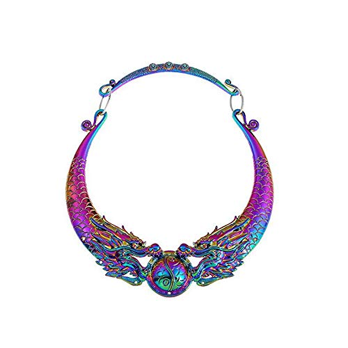 GRACE JUN New Vintage Exaggerated Ethnic Carved Chunky Collar Choker Necklace Costume Jewelry (Colorful Double Dragon)