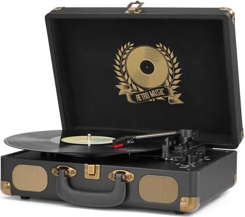 Vinyl Record Player Bluetooth 3-Speed Portable Vintage Suitcase with Built-in Speakers,LP-Recording Vinyl to PC, RCA Line Out AUX in Headphone Jack Vintage Turntable, Black