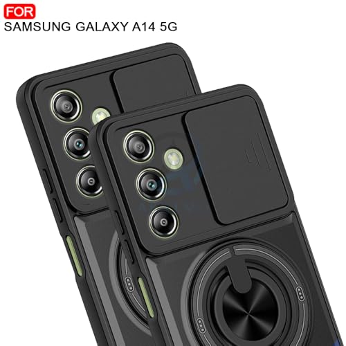 Image of AESTMO Samsung Galaxy A14 5G Back Cover | Armor Camera Slider 360 Degree Rotating Finger Ring Holder Case with Bracket Stand Back Case Cover (Compatible with MagSafe Accessories) (Black)