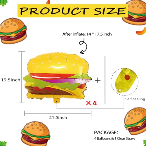 Image of 4PCS Hamburger Balloons, 21 inch Yellow Hamburger Shaped Mylar Balloons, Fast Food Snacks Themed Birthday Party Decorations Supplies
