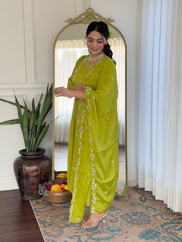 Image of Naixa Women's Chinon Embroidered Flared Kurta with Pant and Dupatta Sets (Available in Plus Size) (NX-616)