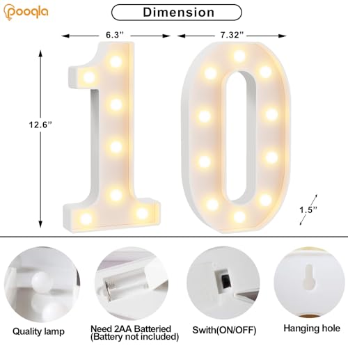 Image of Pooqla 10th Birthday Decorations for Girls Boys, Large 12.6 in Tall Light Up Numbers for 10th Party Decorations Table Decor, Big Marquee Numbers 10th Birthday Gift for Girls Wedding Anniversary Decor