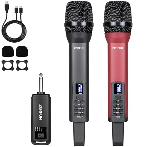 ZERFUN Dual Rechargeable Wireless Microphones, Pro Handheld Cordless Mics System with Echo Treble BASS VOL Control for Karaoke Singing Church Party, 1/4'' Output, Grey&Red