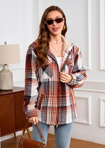 WINDFIT Damen Fleece-Flanelljacke mit durchgehendem Reißverschluss, kariert, Sherpa-Futter, Jacke für Damen, Frisches Orange, Medium