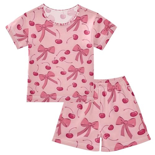 ALAZA Bow Cherry Cartoon Funny Pajamas Set Short Sleeve Cotton Sleepwear Summer Pjs 2 Piece 5-14Y