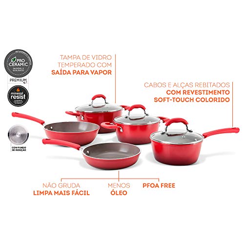 Jogo de Panelas 5 Peças Com Fundo De Indução Select, Vermelha, Brinox